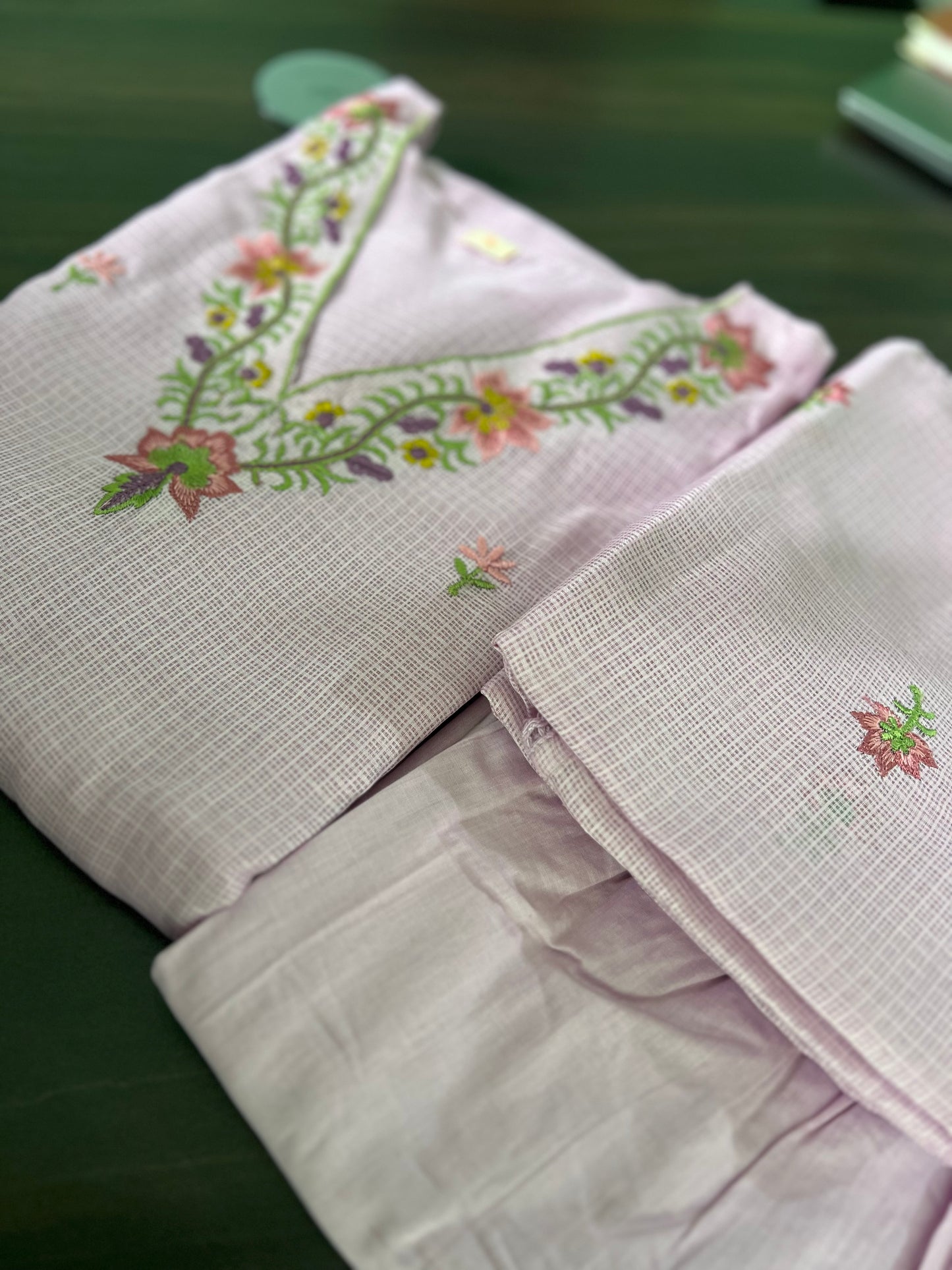 Soundarya - Kota Doria Embroidered Suit - Onion