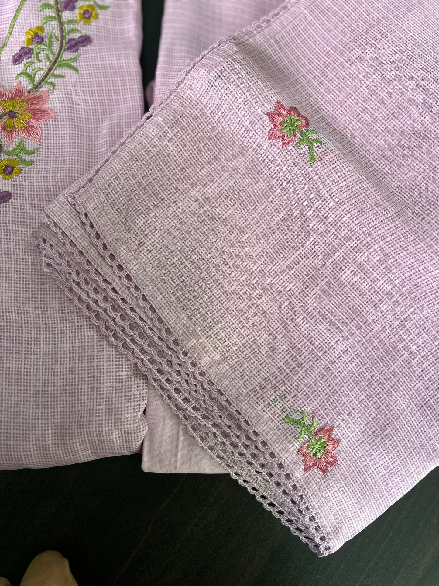 Soundarya - Kota Doria Embroidered Suit - Onion