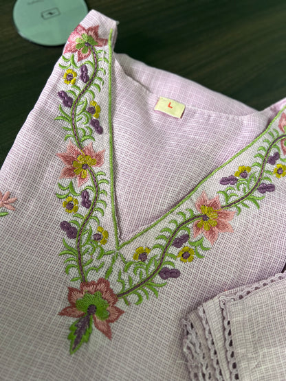 Soundarya - Kota Doria Embroidered Suit - Onion