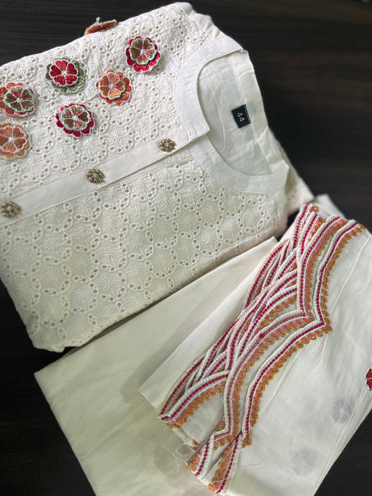 Aishwarya - Cotton Shifley embroidered set - Beige