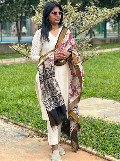 Lavanya - Half White Silk cotton set with Kalamkari dupatta