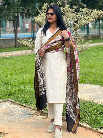 Lavanya - Half White Silk cotton set with Kalamkari dupatta