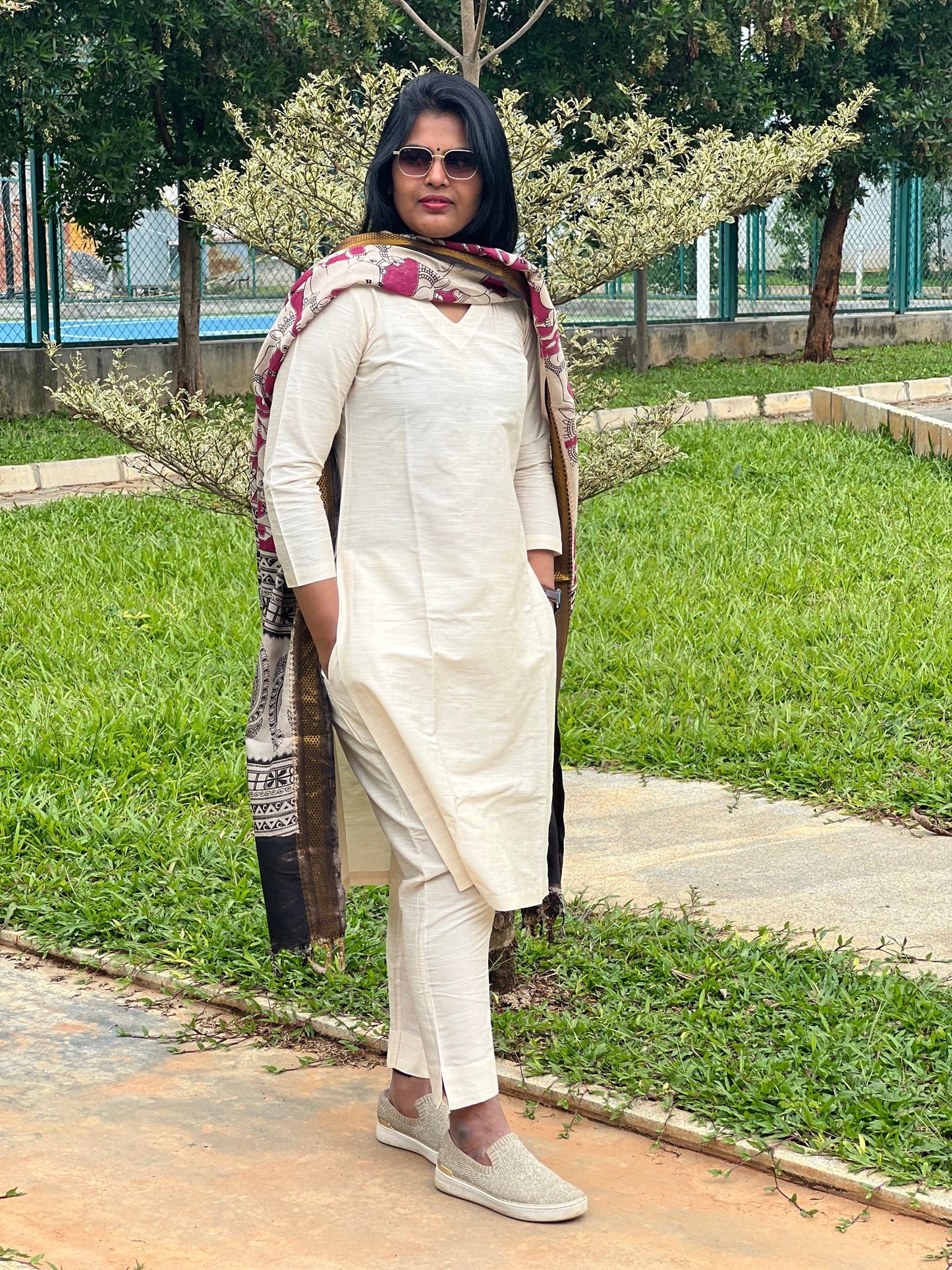 Lavanya - Half White Silk cotton set with Kalamkari dupatta