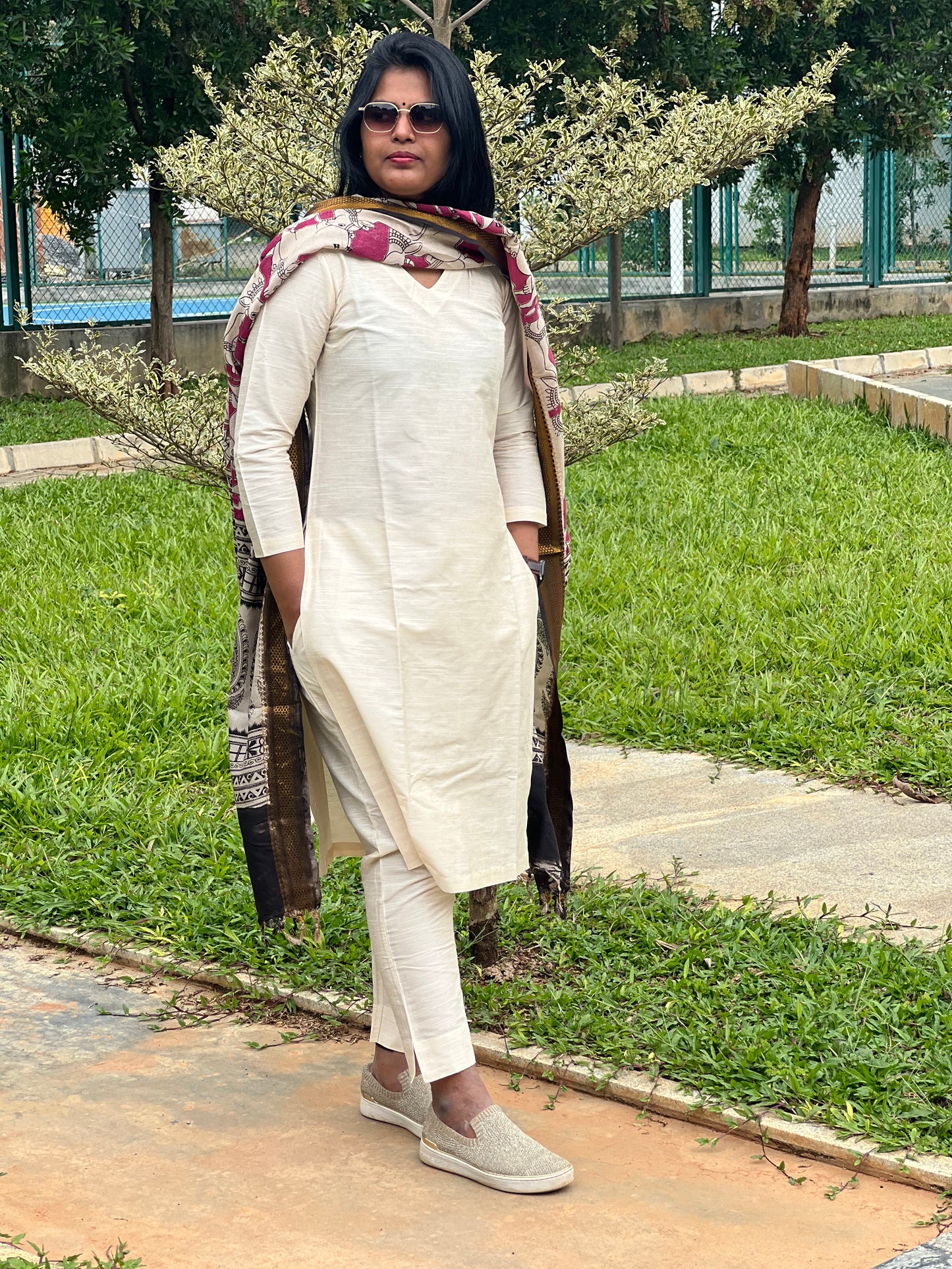 Lavanya - Half White Silk cotton set with Kalamkari dupatta