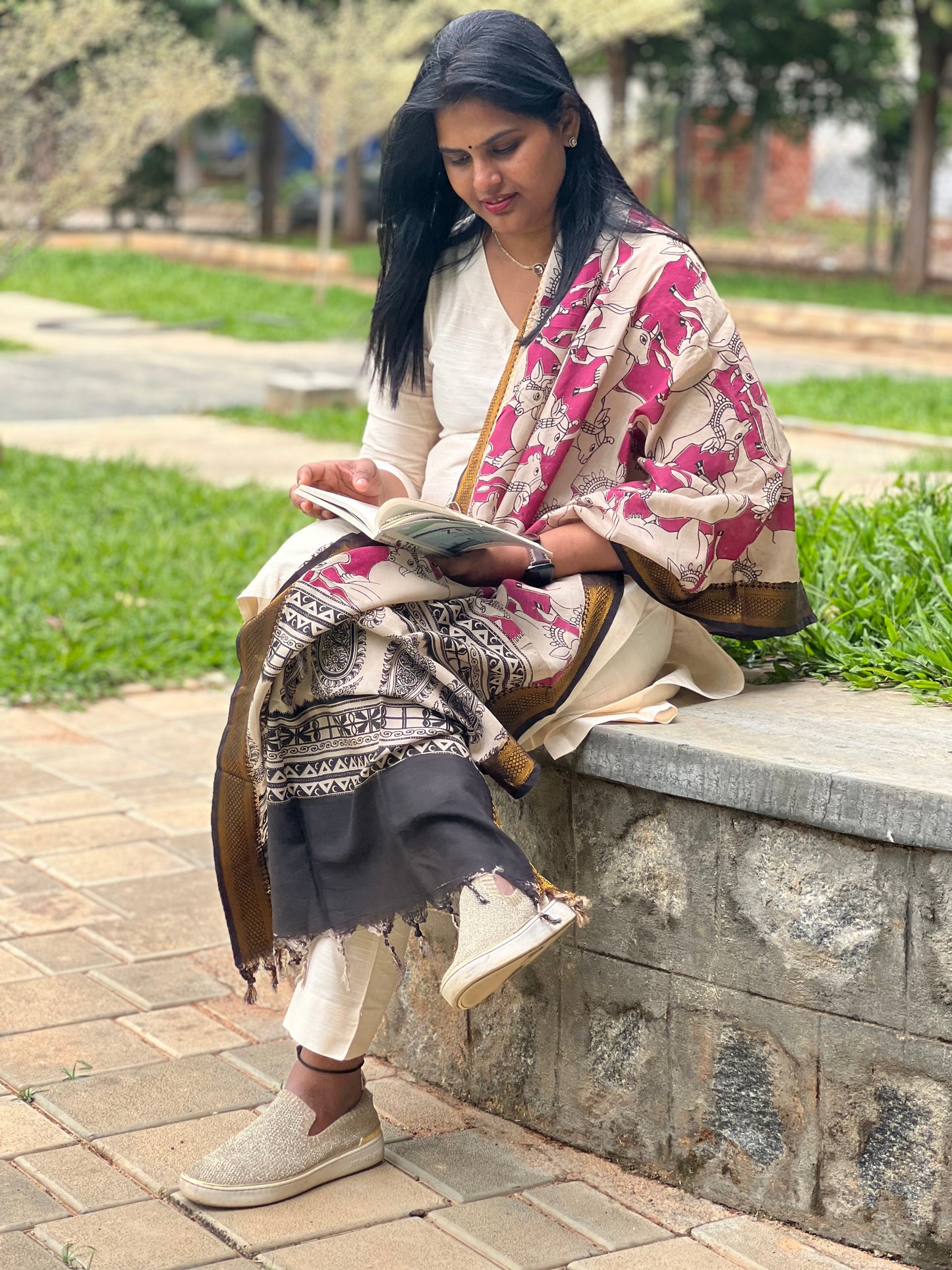 Lavanya - Half White Silk cotton set with Kalamkari dupatta