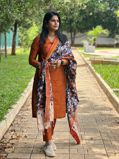 Moksha - Rust Silk cotton set with Kalamkari dupatta