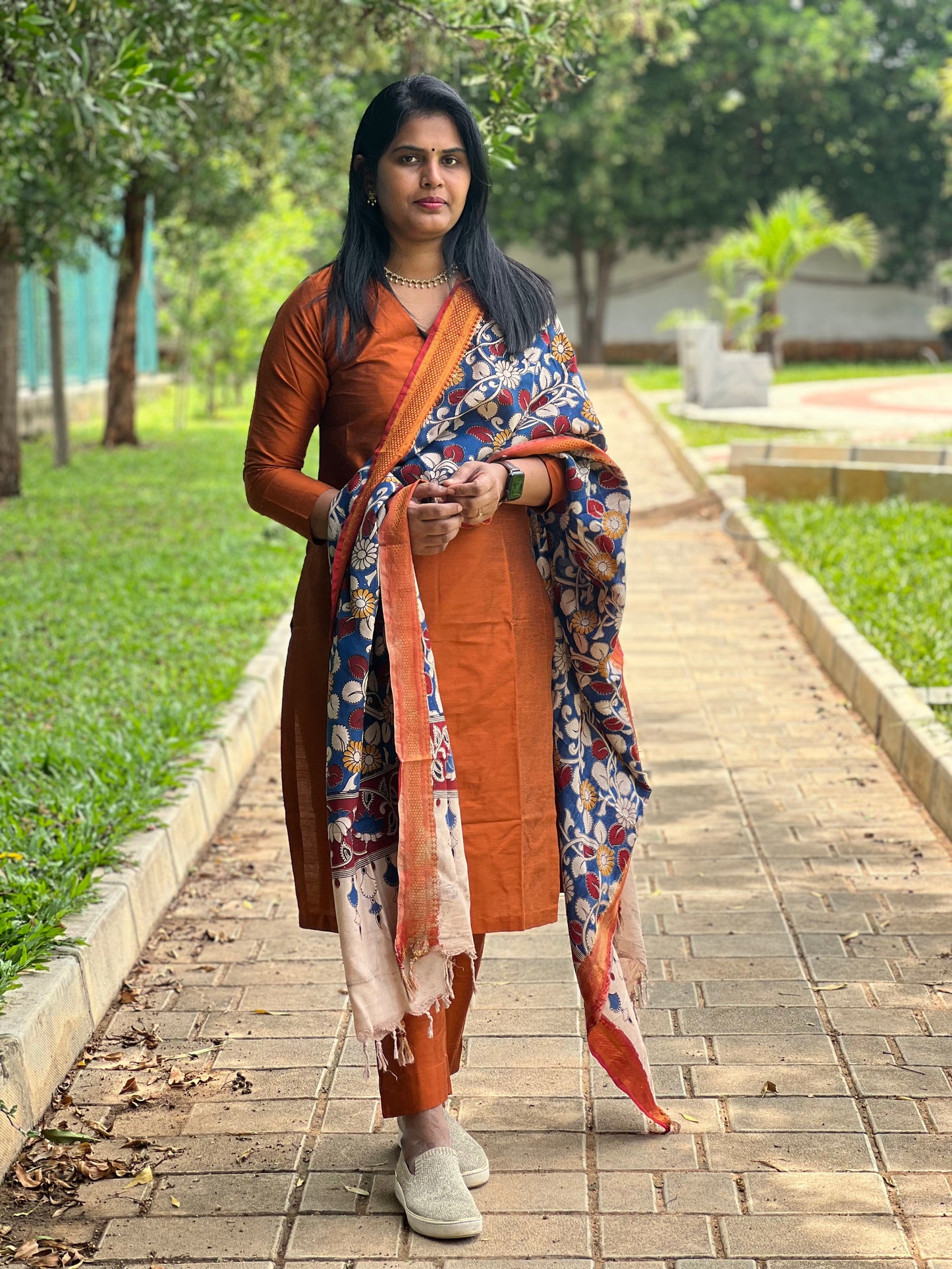 Moksha - Rust Silk cotton set with Kalamkari dupatta