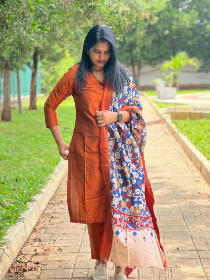 Moksha - Rust Silk cotton set with Kalamkari dupatta