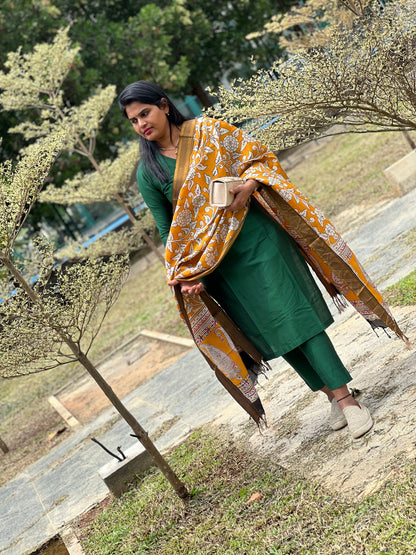 Bhavya - Bottle Green Silk Cotton set - Kalamkari Dupatta
