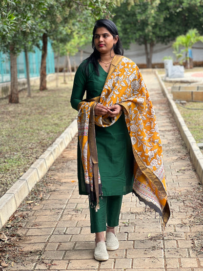 Bhavya - Bottle Green Silk Cotton set - Kalamkari Dupatta