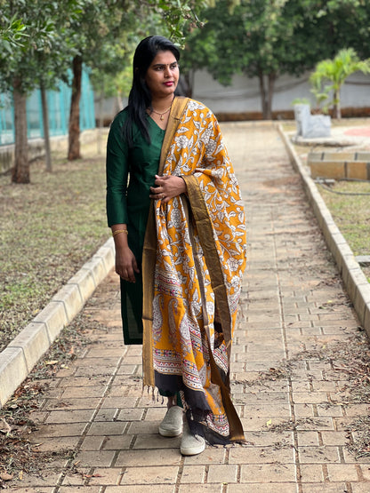Bhavya - Bottle Green Silk Cotton set - Kalamkari Dupatta