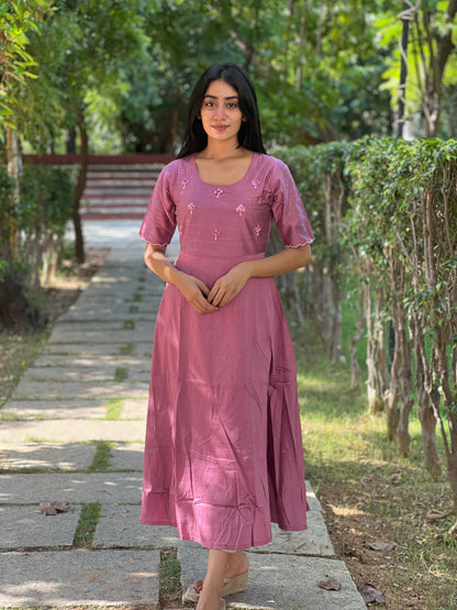 Tara - Lavender color silk cotton dress with handwork