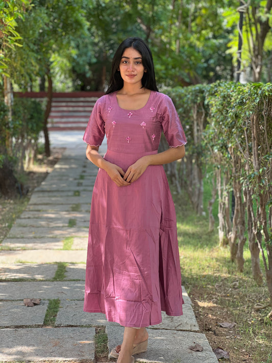 Tara - Lavender color silk cotton dress with handwork