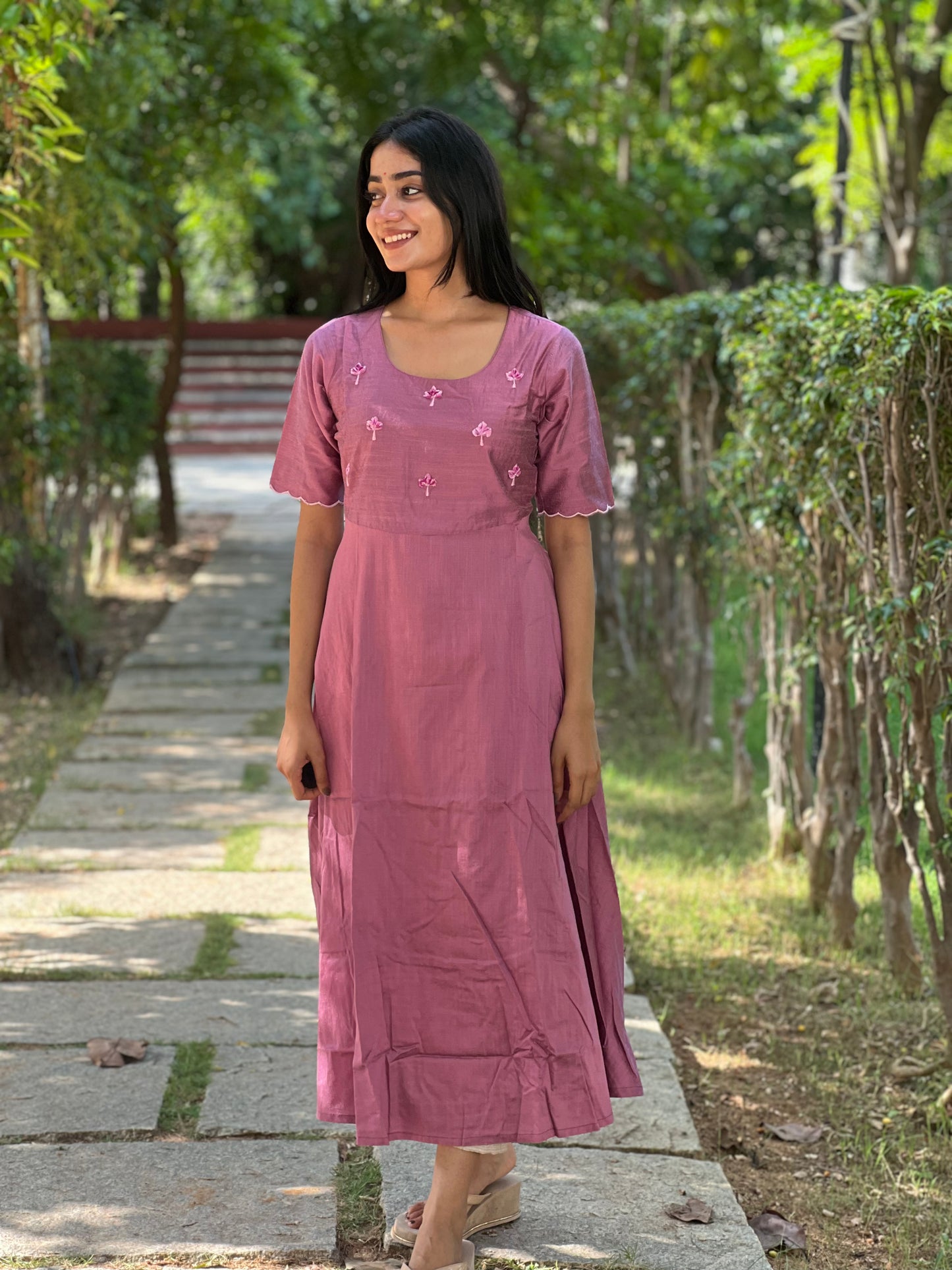 Tara - Lavender color silk cotton dress with handwork