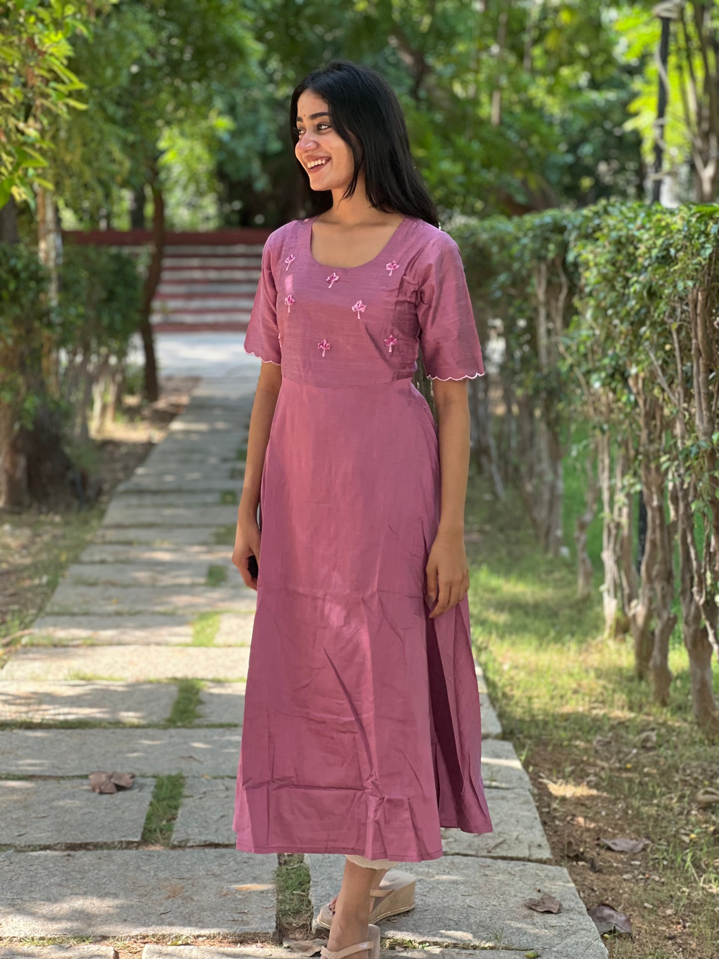 Tara - Lavender color silk cotton dress with handwork