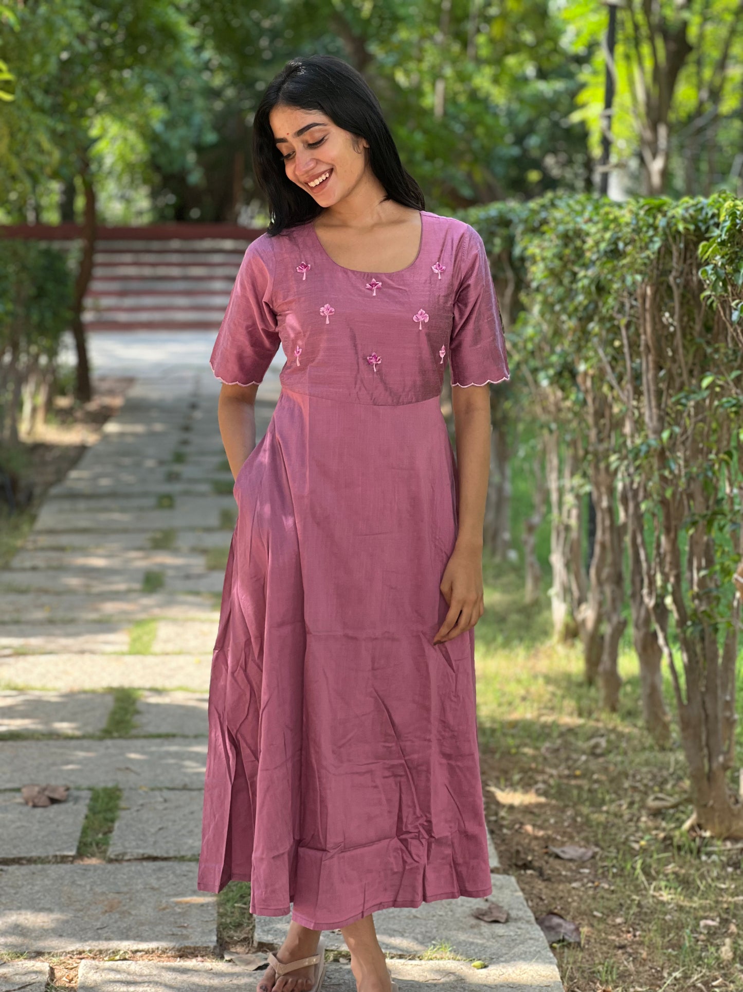 Tara - Lavender color silk cotton dress with handwork