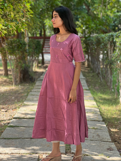 Tara - Lavender color silk cotton dress with handwork