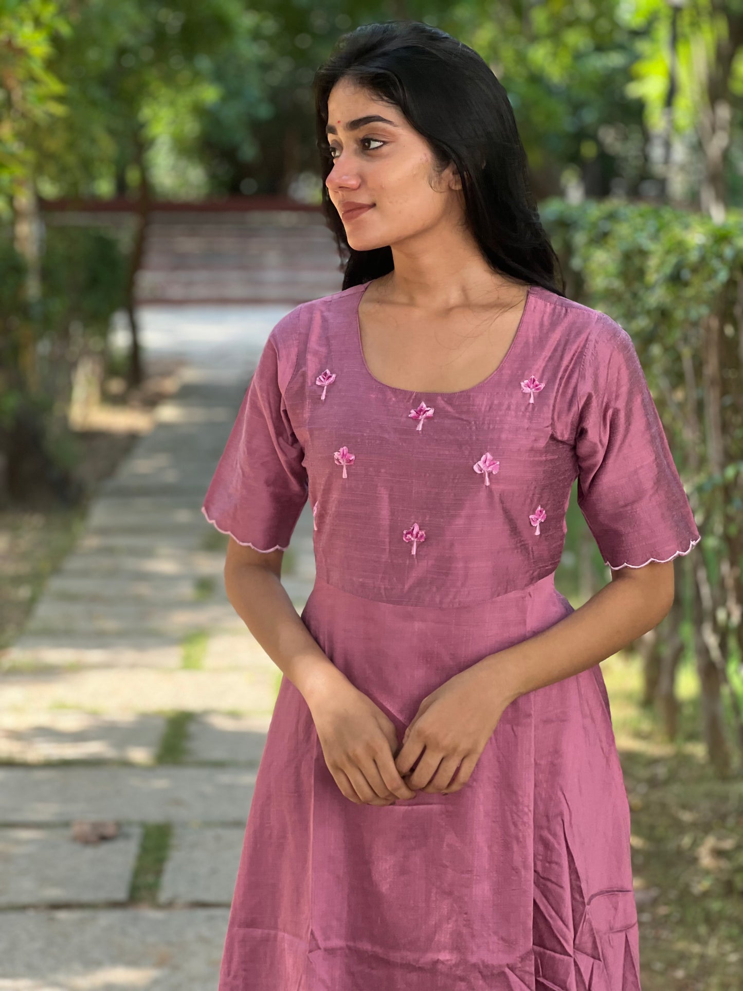 Tara - Lavender color silk cotton dress with handwork