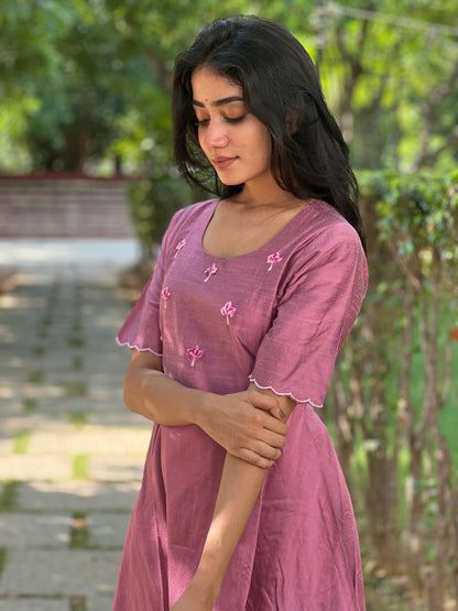 Tara - Lavender color silk cotton dress with handwork