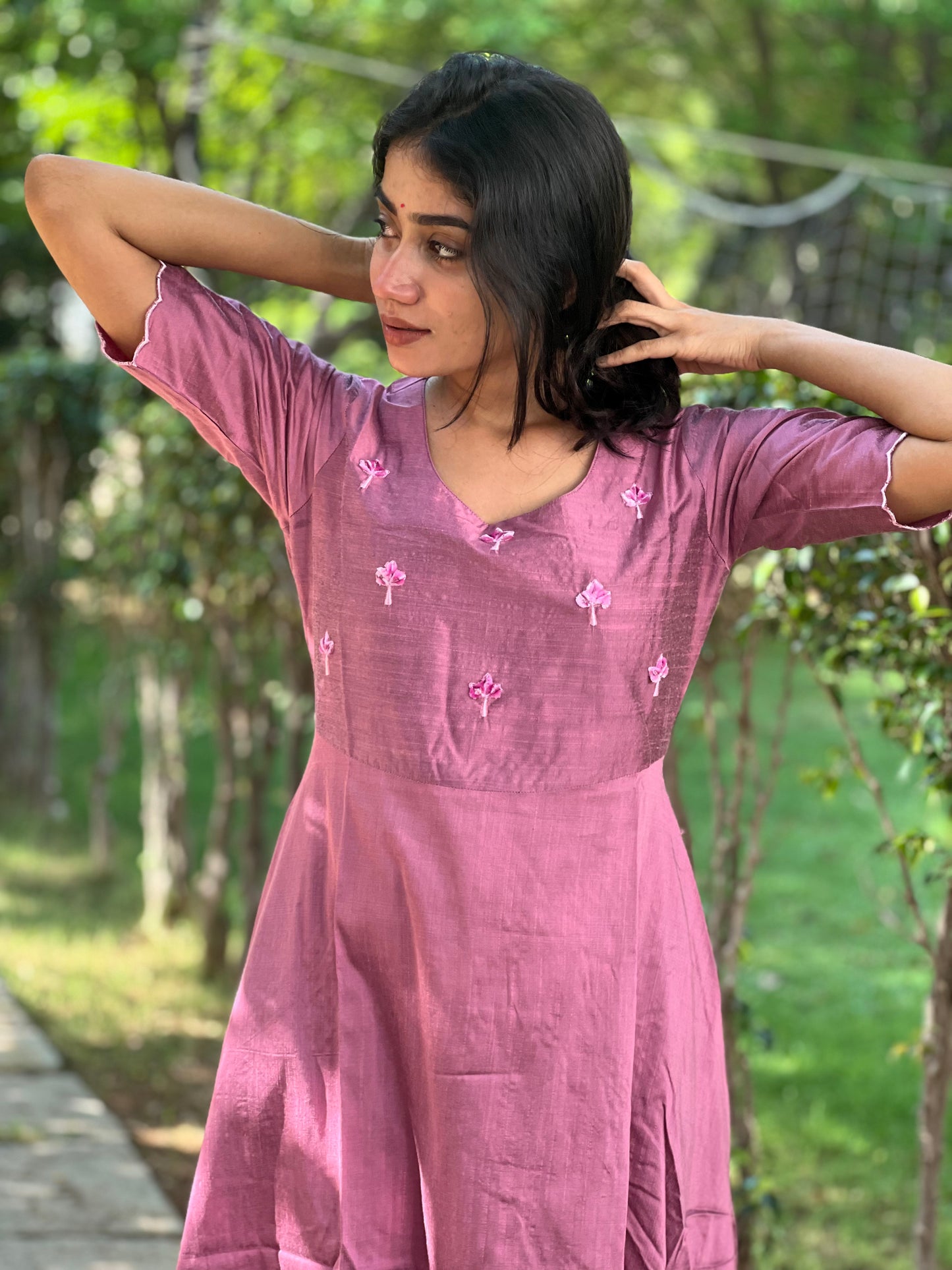 Tara - Lavender color silk cotton dress with handwork