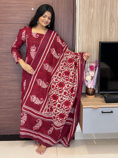 Aaradhya Wine Handblock Suit Set