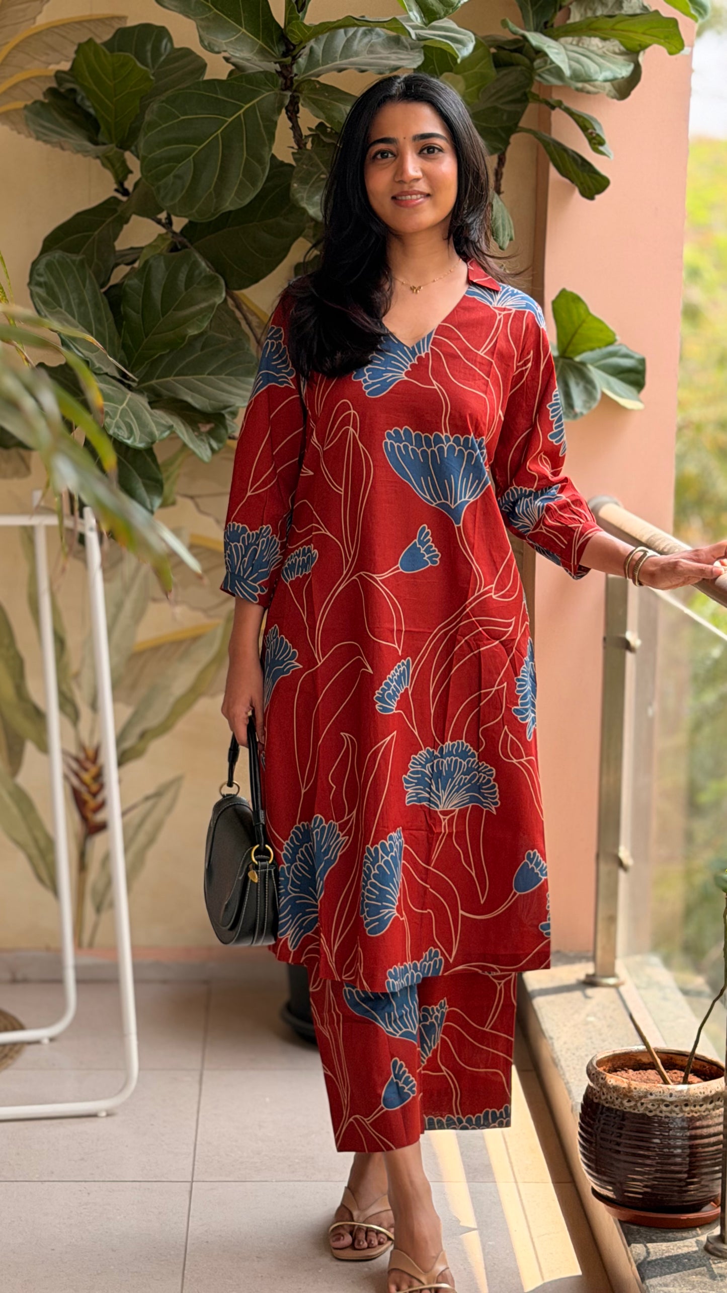 Mrunal Contemporary Floral Set - Brick Red