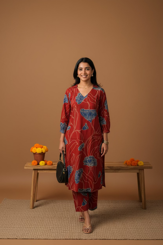 Mrunal Contemporary Floral Set - Brick Red
