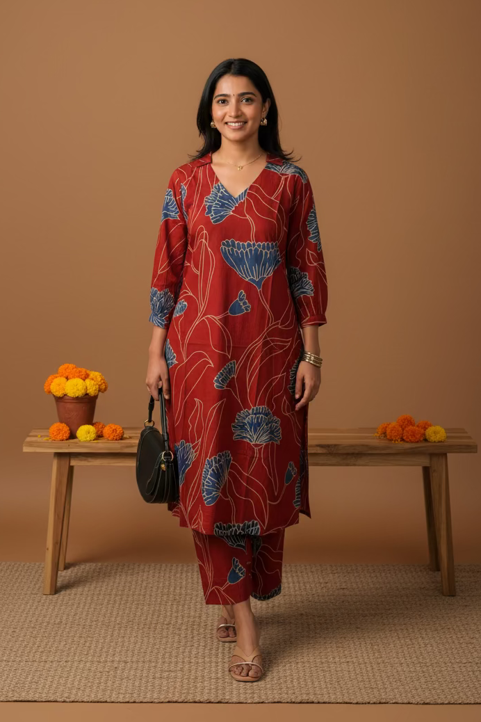Mrunal Contemporary Floral Set - Brick Red