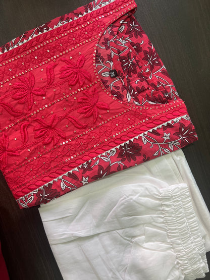 Aarti - Red Cotton umbrella kurti and pant set