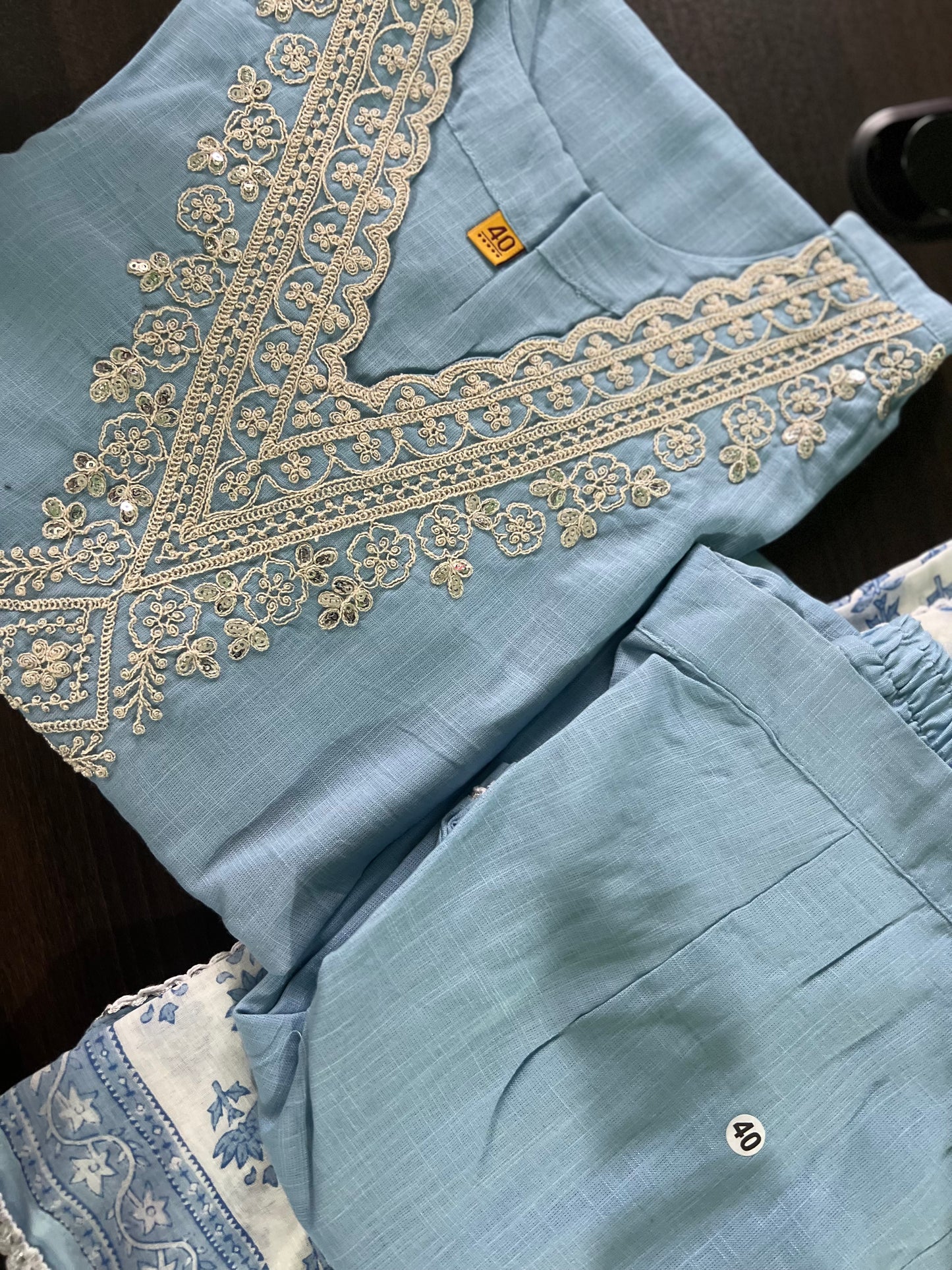 Radha - Cotton suit with work on yolk - Blue