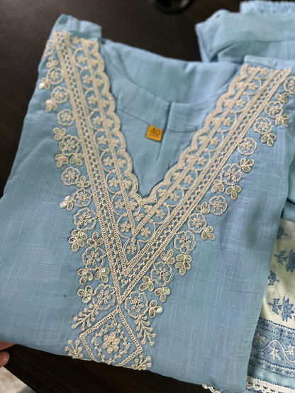 Radha - Cotton suit with work on yolk - Blue