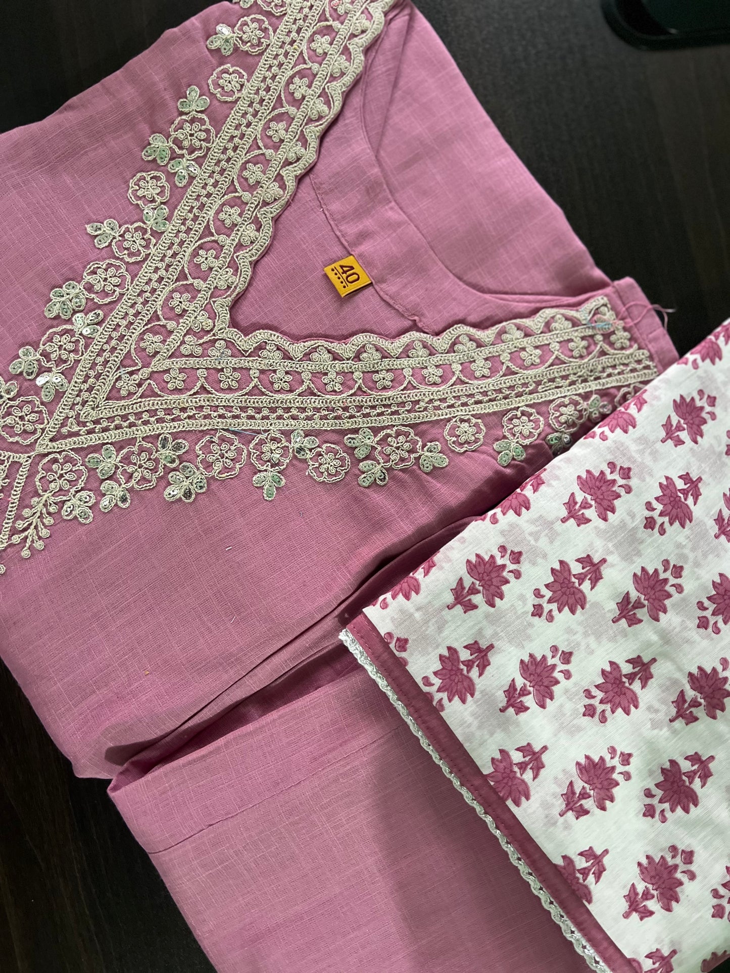 Radha - Cotton suit with work on yolk - Pink