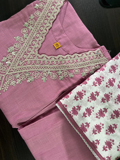 Radha - Cotton suit with work on yolk - Pink