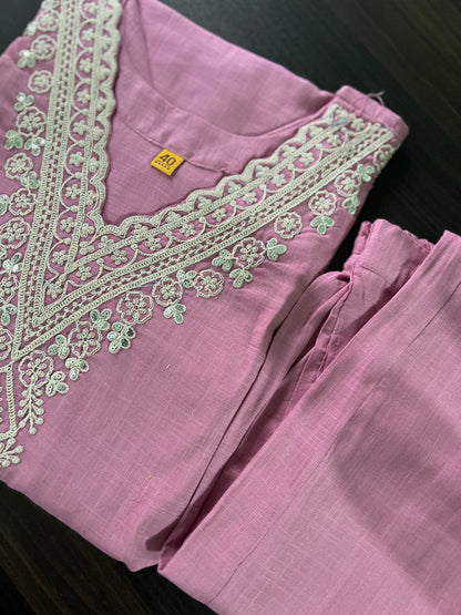 Radha - Cotton suit with work on yolk - Pink