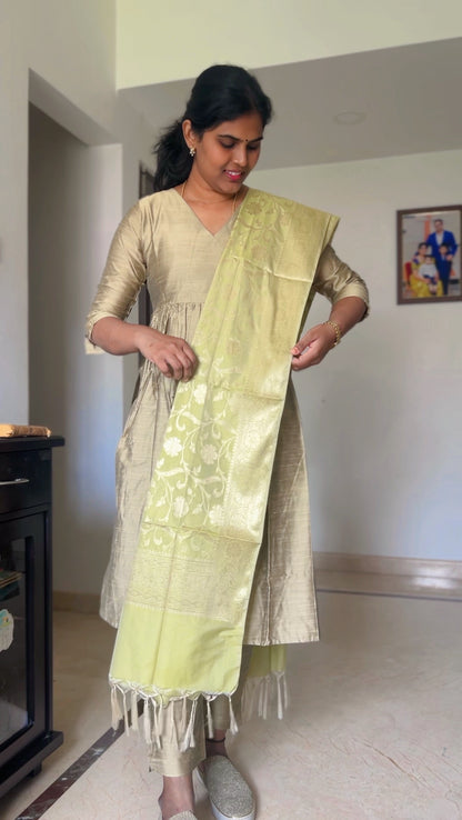 Aishwarya - Gold Silk cotton set with Pistachio banarasi dupatta