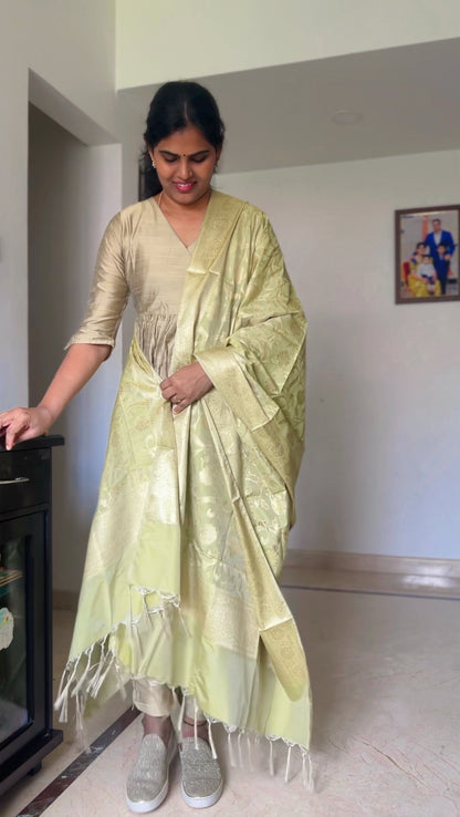 Aishwarya - Gold Silk cotton set with Pistachio banarasi dupatta