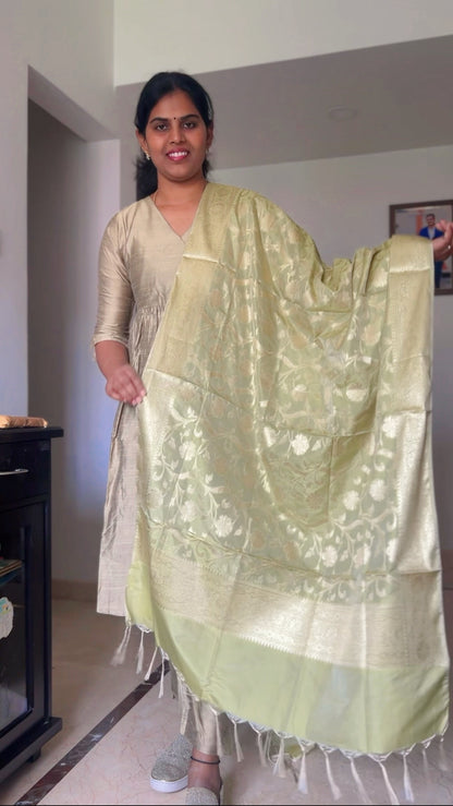 Aishwarya - Gold Silk cotton set with Pistachio banarasi dupatta