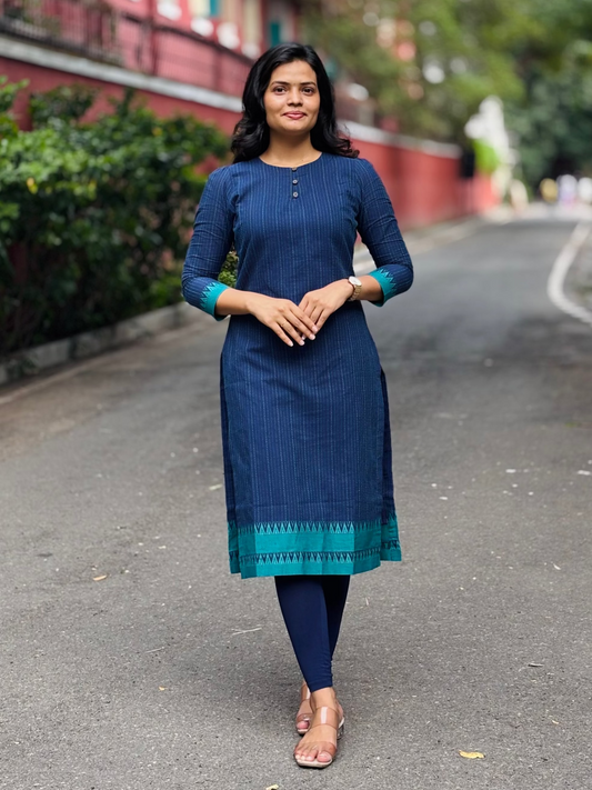Teena - Pure Handloom Cotton High neck Kurti - Blue