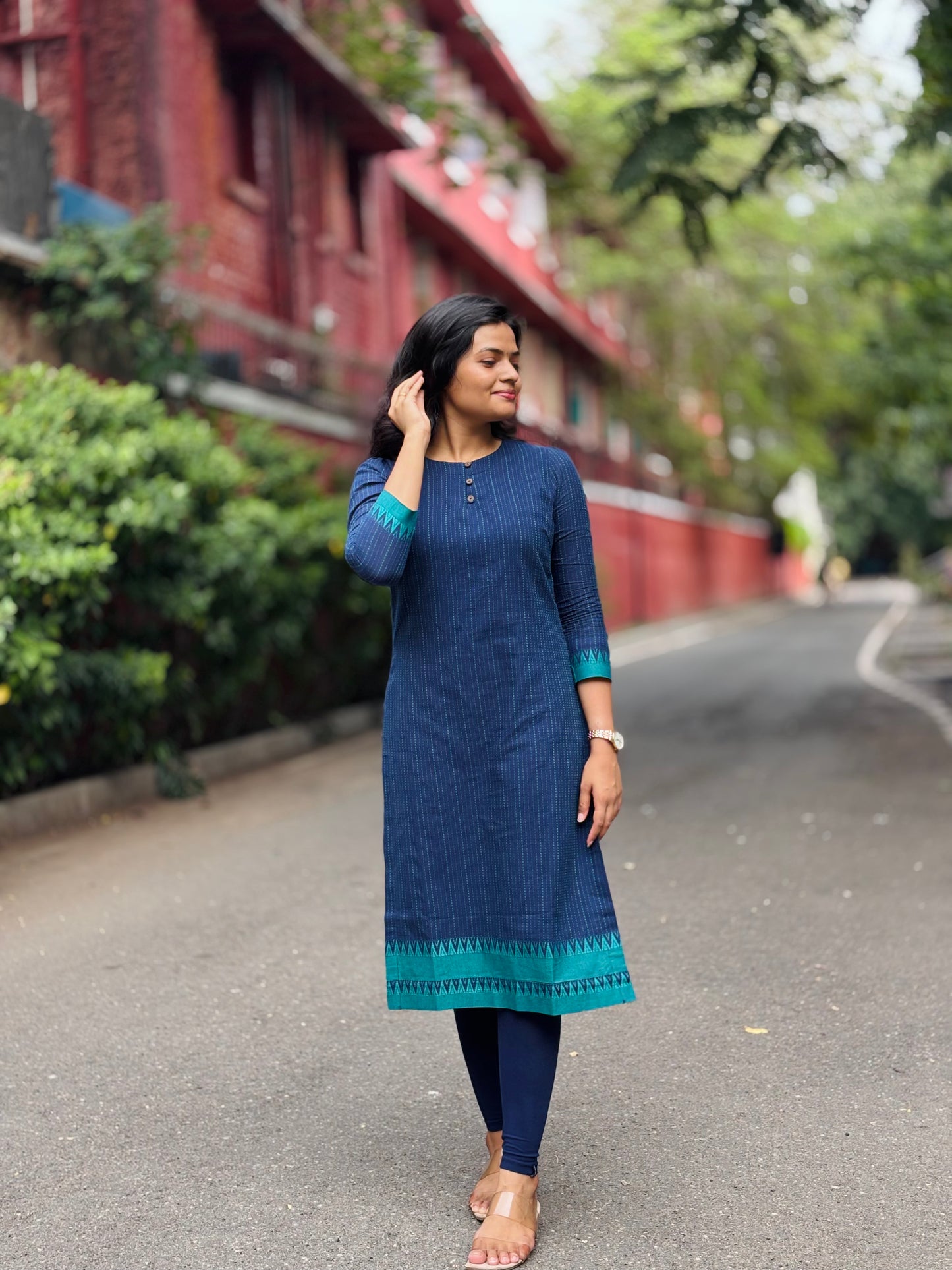 Teena - Pure Handloom Cotton High neck Kurti - Blue