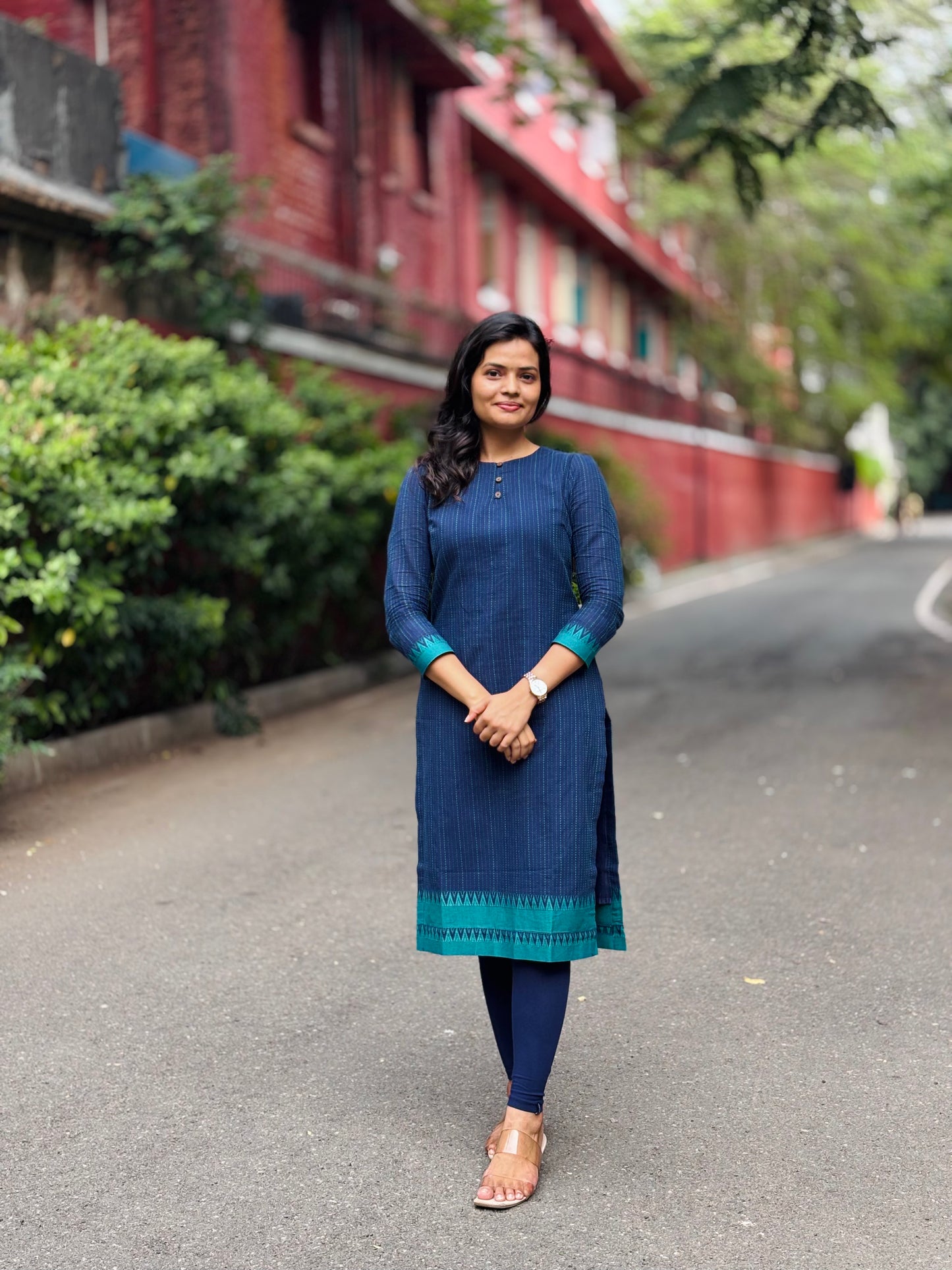 Teena - Pure Handloom Cotton High neck Kurti - Blue
