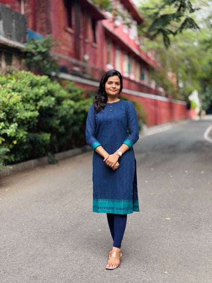 Teena - Pure Handloom Cotton High neck Kurti - Blue