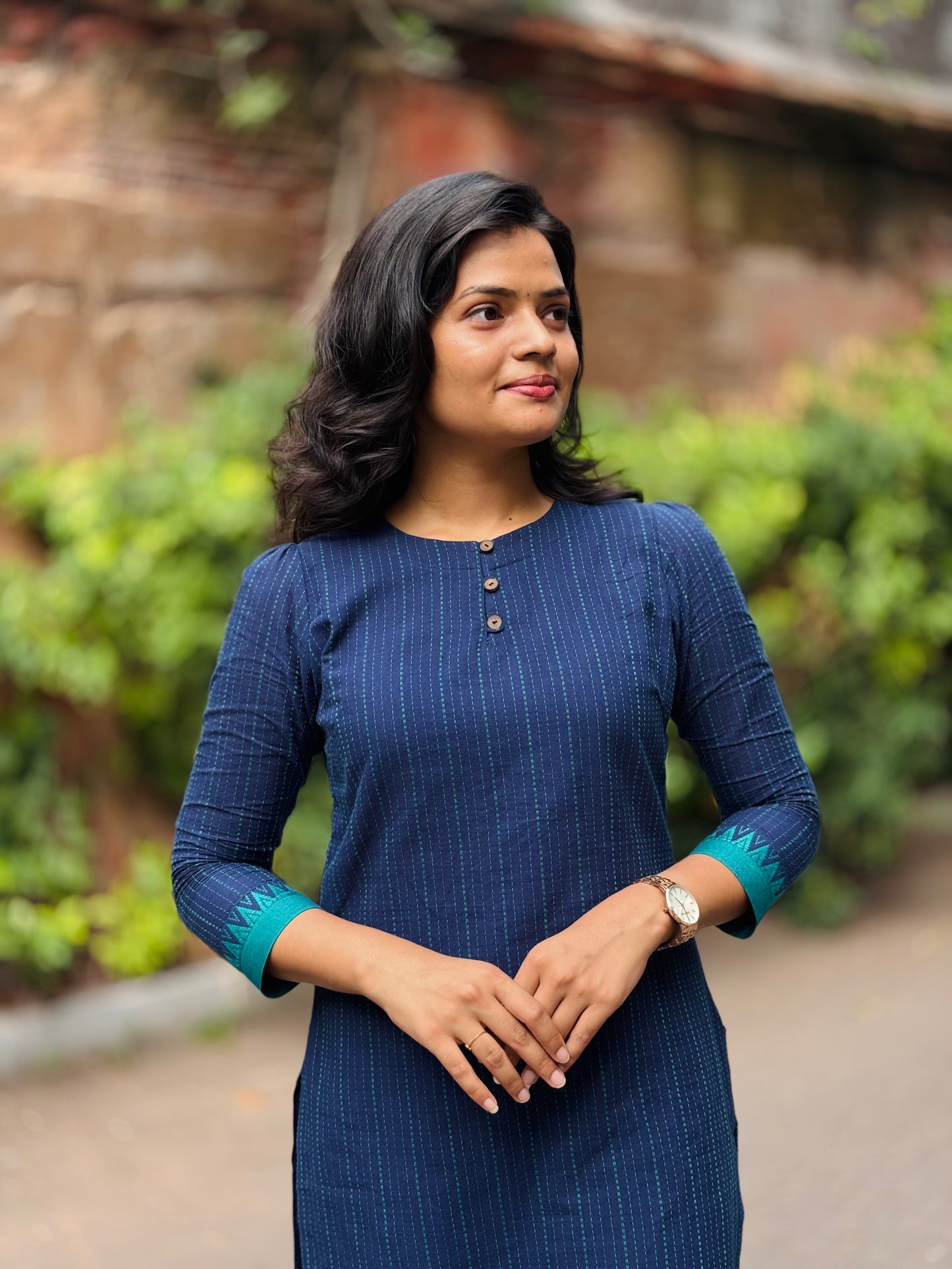 Teena - Pure Handloom Cotton High neck Kurti - Blue