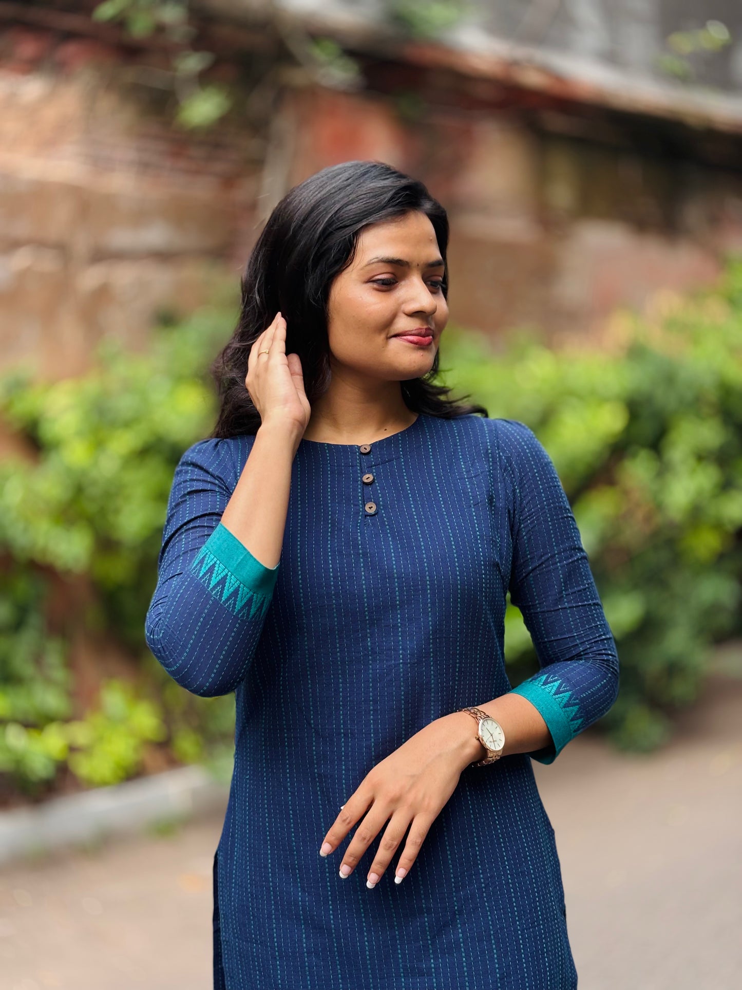 Teena - Pure Handloom Cotton High neck Kurti - Blue
