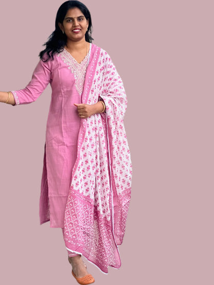 Radha - Cotton suit with work on yolk - Pink