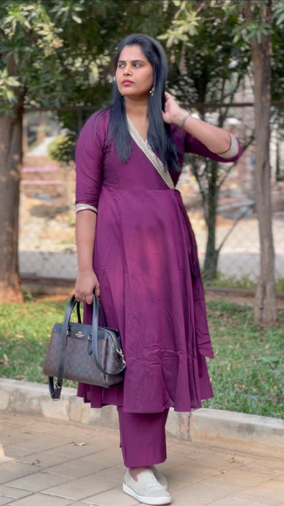 Jabili – Silk Cotton Wrap Anarkali Coord Set with Pants – Wine