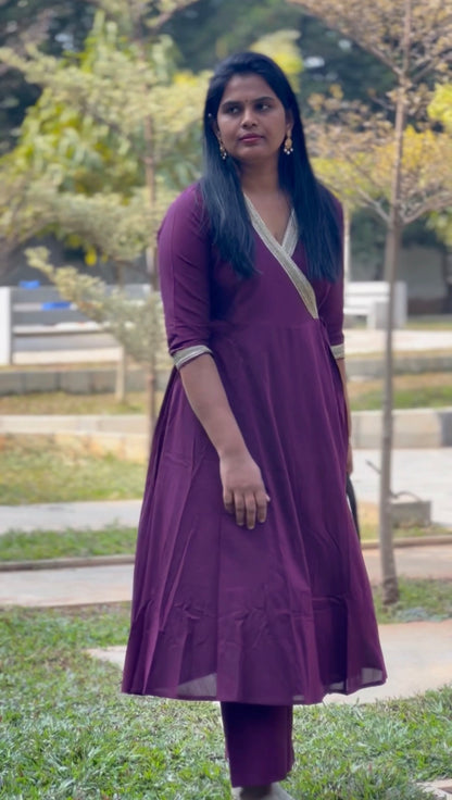 Jabili – Silk Cotton Wrap Anarkali Coord Set with Pants – Wine