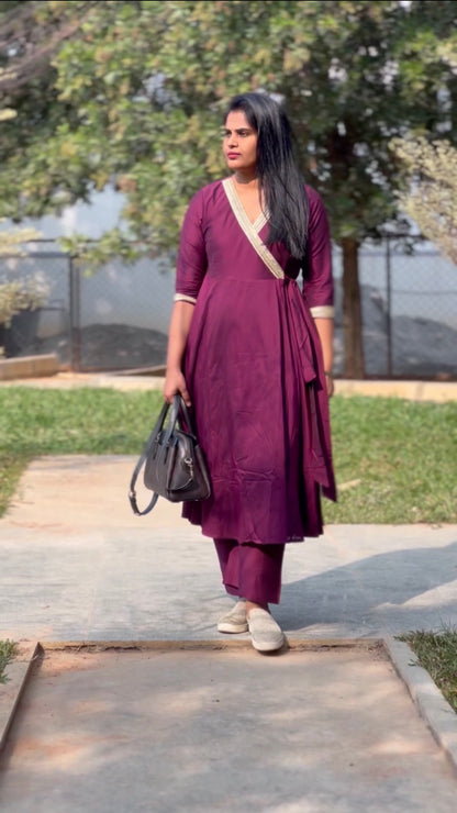 Jabili – Silk Cotton Wrap Anarkali Coord Set with Pants – Wine