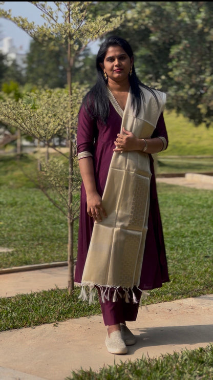 Jabili – Silk Cotton Wrap Anarkali Coord Set with Pants – Wine