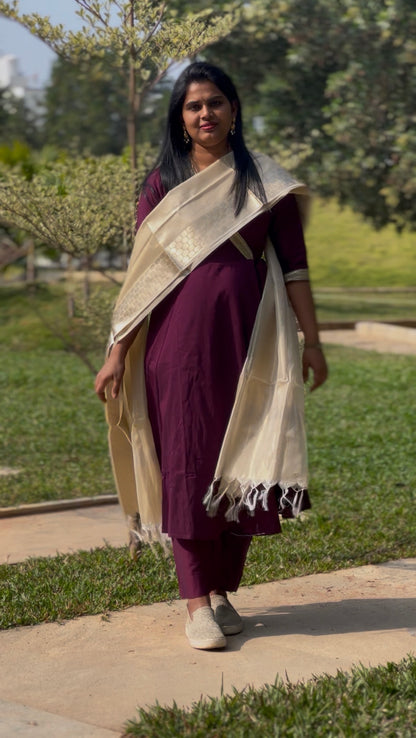 Jabili – Silk Cotton Wrap Anarkali Coord Set with Pants – Wine