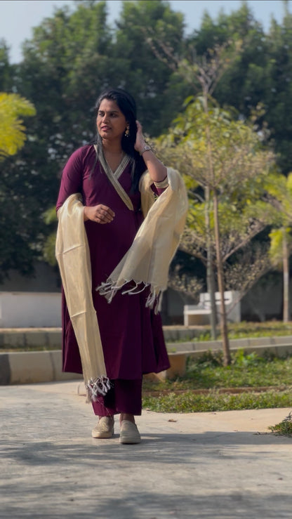 Jabili – Silk Cotton Wrap Anarkali Coord Set with Pants – Wine